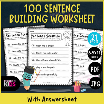 Preview of 100 Sentence Building Worksheet for Kindergarten