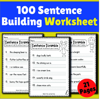 Preview of 100 Sentence Building Worksheet for Kindergarten & 1st