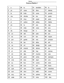 100 Spanish Sight Words to increase Fluency by Mary's Teaching Tools