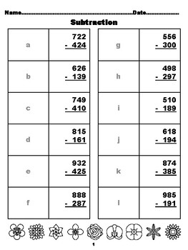 Preview of 100 Spring Flowers Math Worksheets, Second Grade Subtraction with answers up