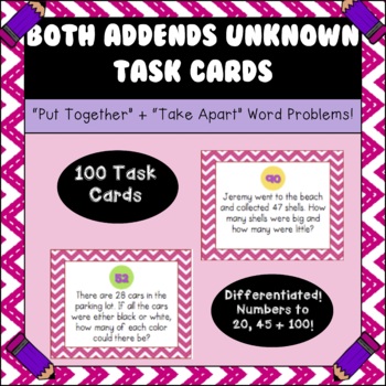 Preview of 100 Addition/Subtraction Word Problem Task Cards - Both Addends Unknown!!