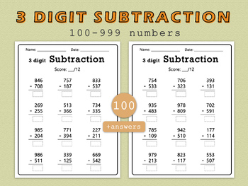 Preview of 100 Three Digit Subtraction Worksheets, 100-999 numbers, Printable Math Workshee