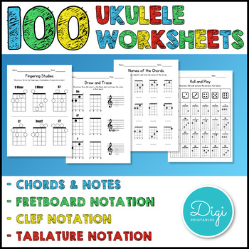 Preview of 100 Ukulele Worksheets - Chords & Notes - Playing & Reading & Writing