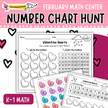 Preview of 100 Valentine Hearts Number Chart Hunt! | February Math Game & Center | Writing