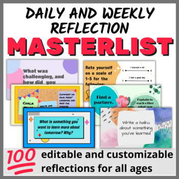 Preview of 100 daily or weekly reflection prompts masterlist with printable task cards