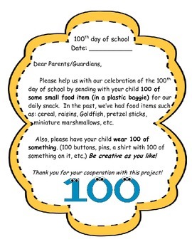 Preview of 100th day of school letter to parents