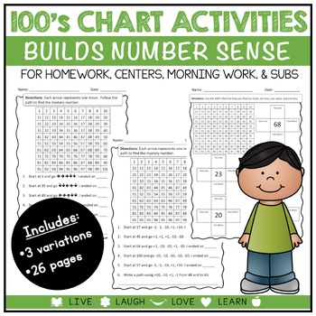 Preview of 100's Chart Activities || Number Sense, Counting On/Backward, Plus/Minus 10