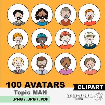Preview of 100 set of clipart icons. Topic: Diverse set of MAN avatars.