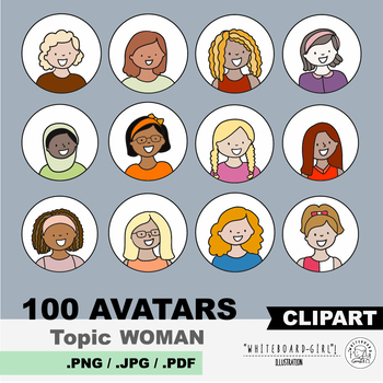 Preview of 100 set of clipart icons. Topic: Diverse set of WOMAN avatars.