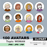 100 set of clipart icons. Topic: Diverse set of WOMAN avatars.