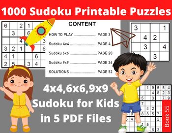 Preview of 1000 Sudoku Puzzles For Kids With Answers - Kids Sudoku 4x4, 6x6, and 9x9