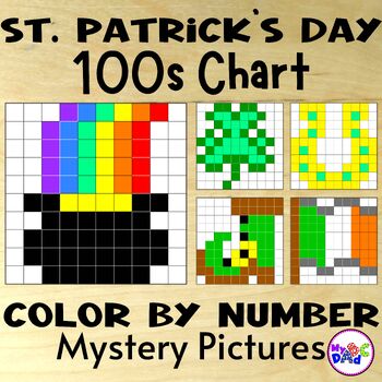 Preview of 100s Chart St. Patrick's Day Color by Number Mystery Picture Math Activities