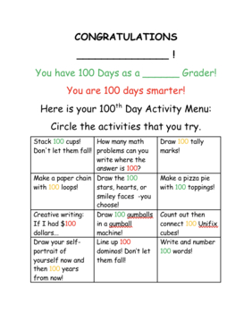 Preview of 100th Day Activity Menu - FREE FUN!!