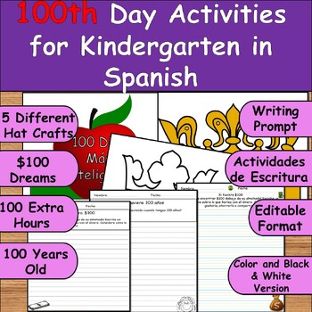 Preview of 100th Day Hat Crafts & Writing Prompts in Spanish/ 100 Días de Escuela/100 Days