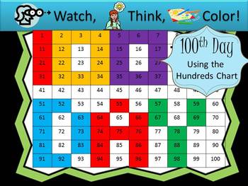Preview of 100th Day Hundreds Chart Fun - Watch, Think, Color Mystery Pictures