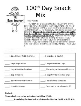 Preview of 100th Day Snack Mix Parent Letter
