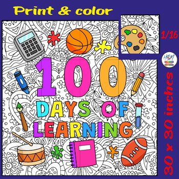 Preview of 100th Day of Learning Collaborative Coloring Poster, 100 day of School Board