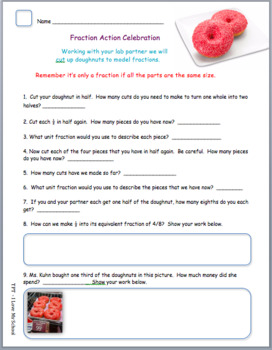 Preview of Fraction Action (Editable Word File)  (use doughnuts to teach fractions)