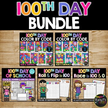 Preview of 100th Day of School Activities BUNDLE Color by Code Writing Pages and Math Games