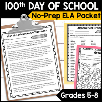 Preview of 100th Day of School Activities ELA and Reading |  Middle School Printables