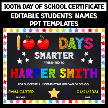 Preview of 100th Day of School Awards Certificate EDITABLE Students' Names PPT Templates