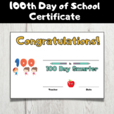 100th Day of School Certificate Award Printable