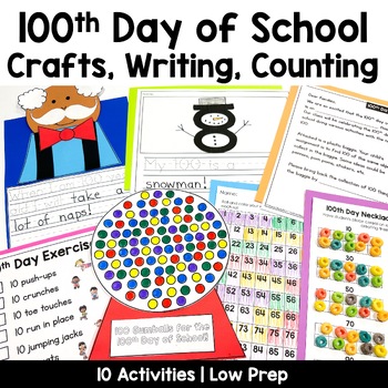 Preview of 100th Day of School Crafts, Writing, and Math Activities for Kindergarten