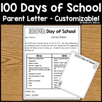 Preview of 100th Day of School Parent Letter Home Customizable