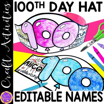 Preview of 100th Day of School Hat Template Editable Name 100 Days of School Crown Craft