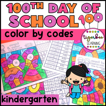 Preview of 100th Day of School math color by code worksheets: Kindergarten