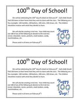 Preview of 100th Day of School Letter