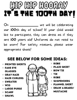 Preview of 100th Day of School Letter to Parents
