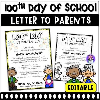 Preview of 100th Day of School Letter to Parents - Editable Parents Letter