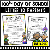 100th Day of School Letter to Parents - Editable Parents Letter