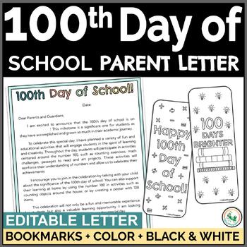 Preview of 100th Day of School Letter to Parents Editable and Bookmark Activities