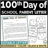 100th Day of School Letter to Parents Editable and Bookmar