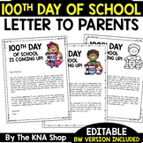 100th Day of School Letter to Parents Parent Editable