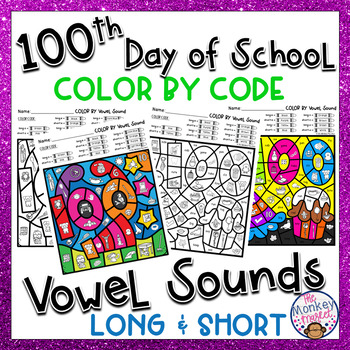 Preview of 100th Day of School Long and Short Vowel Sounds Color by Code