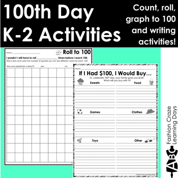 Preview of 100th Day of School Math & Writing Activities for K-1 Count, Roll & Graph to 100