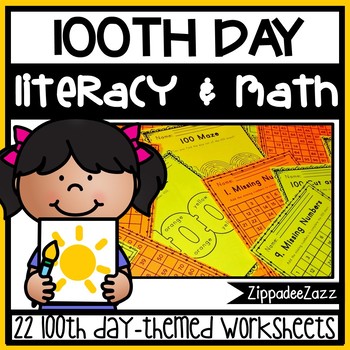 Preview of Worksheets for 100th Day of School ELA Literacy and Math Activities