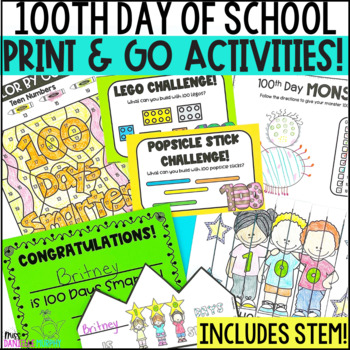 Preview of 100th Day of School Activities, Kindergarten STEM, Crafts, 100 Days of School