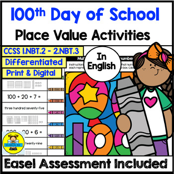 Preview of 100th Day of School Place Value Math Activities and Digital Assessment