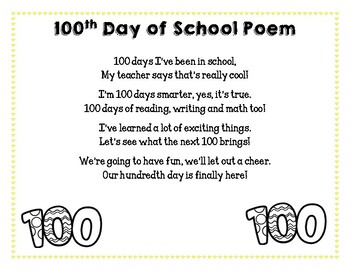 100th Day of School Poem by First Grade Honey | TPT