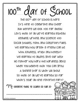 Preview of 100th Day of School Poem Activity Freebie