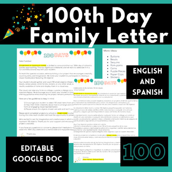 Preview of 100th Day of School Project Letter to Parents English/Spanish Editable