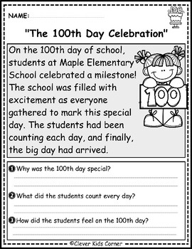 100th Day of School Reading Comprehension - Kindergarten to Second Grade!