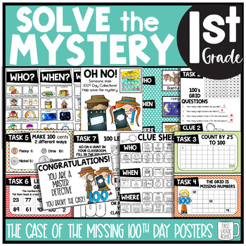 Preview of 100th Day of School Solve the Mystery Math & ELA Task Card Activity 1st Grade