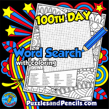 Preview of 100th Day of School Word Search Puzzle Activity Page with Coloring
