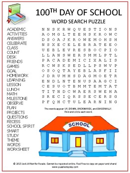 Preview of 100th Day of School Word Search Puzzle | Vocabulary Activity Worksheet