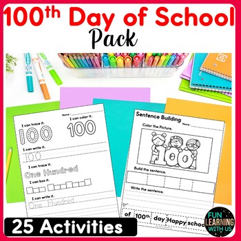 Preview of 100th Day of School Pre-K & Kinder Pack | 100th Day Worksheets Crafts & Centers